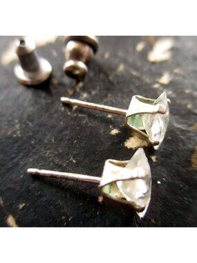 Vintage Estate Stud Earrings Sterling Silver Princess Cut Clear Stone